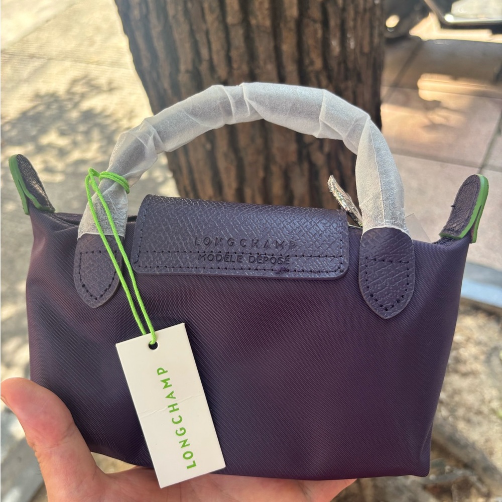 Longchamp mini top-handle bag in plum with neon green trim - Picture 2 of 5